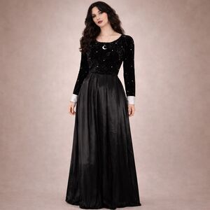 90s Y2K Whimsigoth Maxi Dress Gown Velvet Satin Women 10 Black Victorian